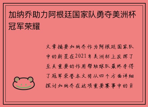 加纳乔助力阿根廷国家队勇夺美洲杯冠军荣耀